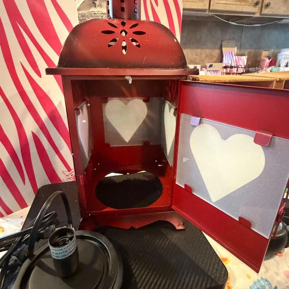 Pink Zebra Rustic Red Metal Electric Lantern Heart Cutout Frosted Glass